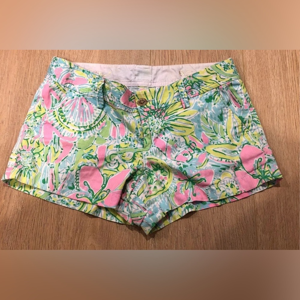 Lilly Pulitzer Walsh Shorts with Coconut Jungle Green and Pink Floral Print